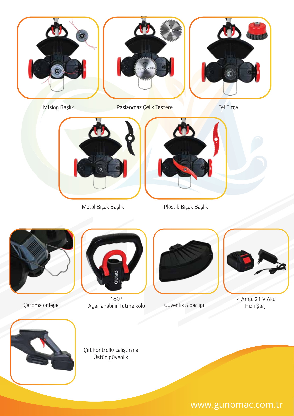 Akülü tırpan başlıklar, aksesuarlar, akü ve şarj ünitesi