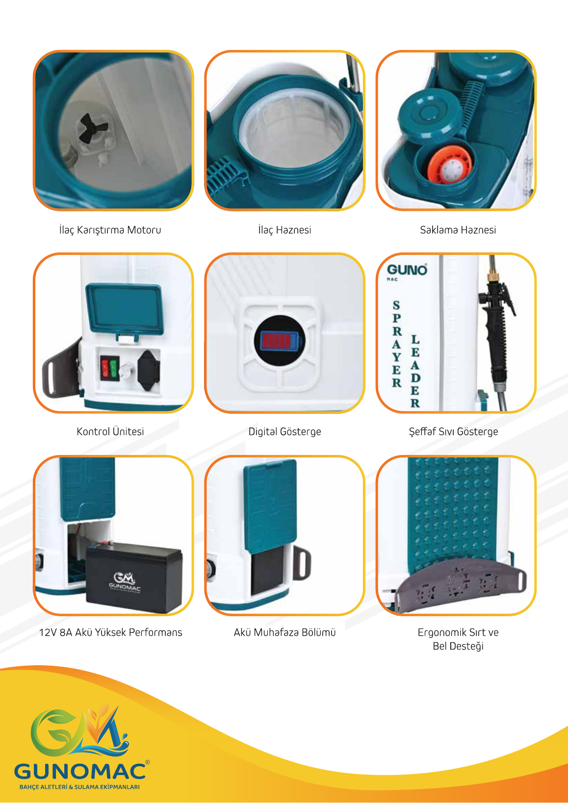 Akülü sırt pompası kontrol ünitesi, depo ve sırt desteği detayları